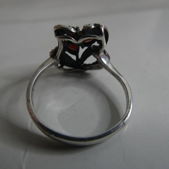Sterling Silver Garnet Flower Vine Leaf Marcasite Finger Ring Vintage 925 Red - Picture 4 of 7